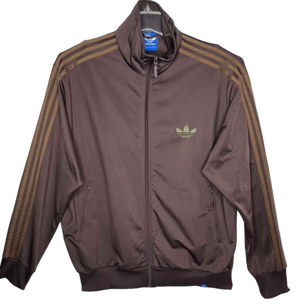 1970s adidas Full Zip Firebird Track Jacket Brown Gold Stripes Green Trefoil